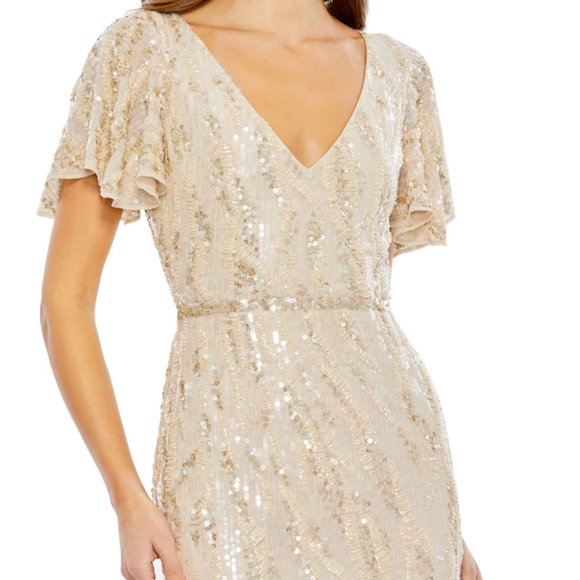 MAC DUGGAL 93591 SEQUINED V-NECK FLUTTER SLEEVE TEAL LENGTH OYSTER DRESS 14 - Picture 3 of 6